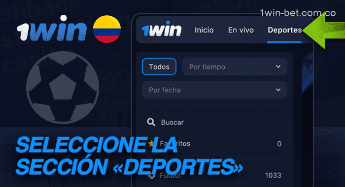 Seleccione la sección «Deportes» en el menú superior de la página web de 1win